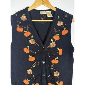 Bobbie Brooks Vintage Pumpkin Embroidered Knit Sweater Vest Black Medium Fall